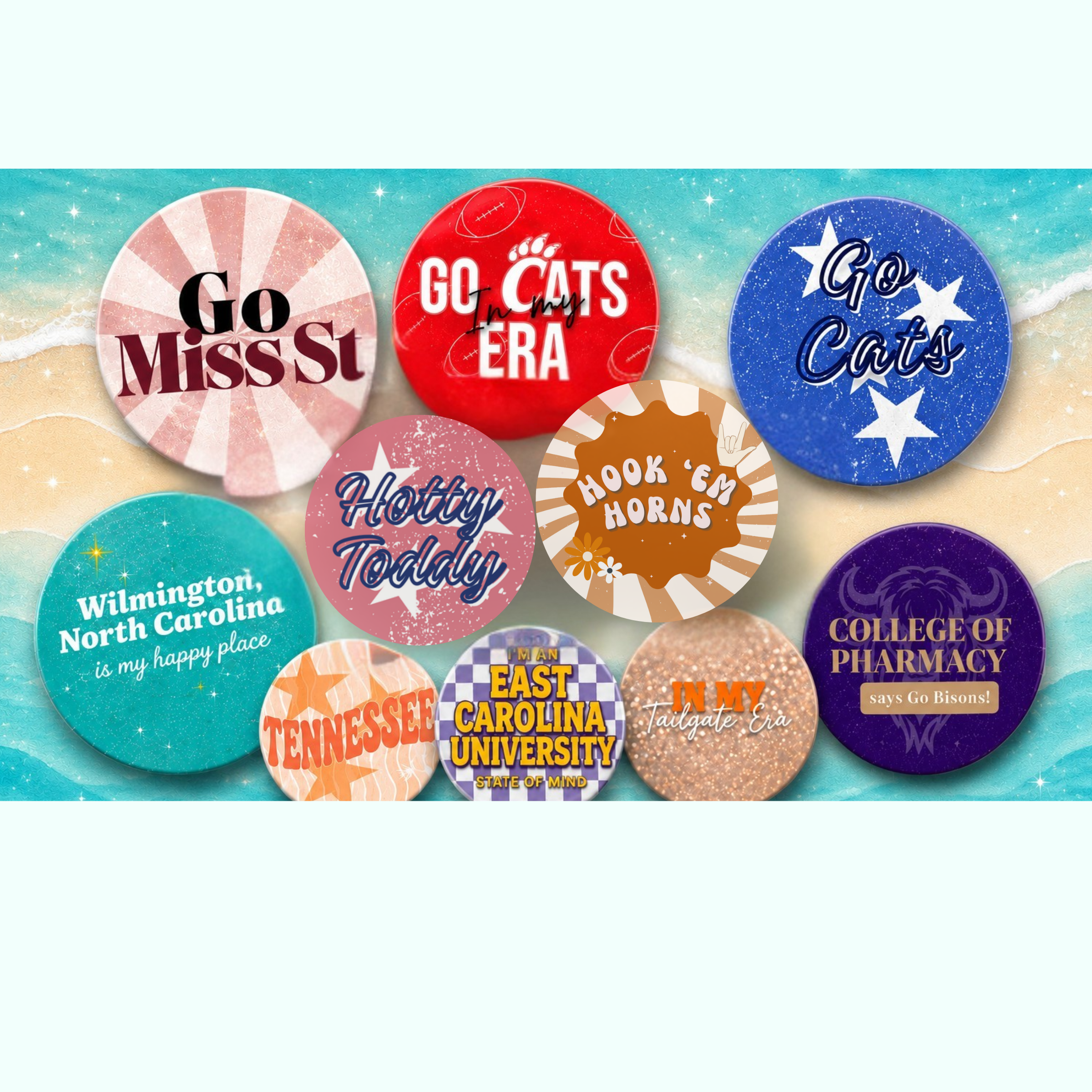 Designs of buttons with college logos and colors on them, with the words "Custom College Button Designs"